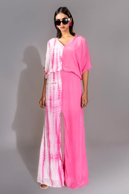 Shruti S Pink Natural Crepe Tie Dye V Neck And Dress