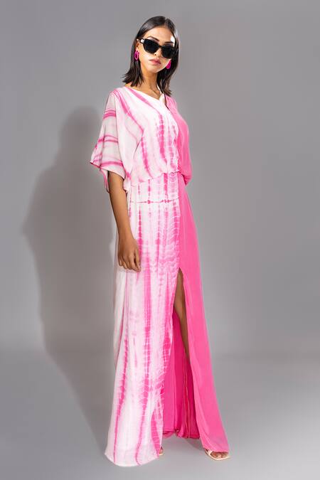Shruti S_Pink Crepe V-neck And Tie Dye Maxi Dress_Online_at_Aza_Fashions
