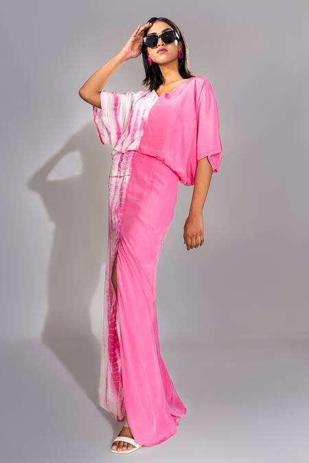 Buy_Shruti S_Pink Crepe V-neck And Tie Dye Maxi Dress_Online_at_Aza_Fashions