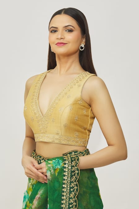 Samyukta Singhania_Gold , Satin Embroidery Plunge Neck V Blouse _Online_at_Aza_Fashions