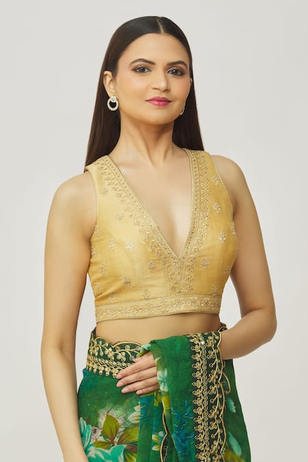 Buy_Samyukta Singhania_Gold , Satin Embroidery Plunge Neck V Blouse _Online_at_Aza_Fashions