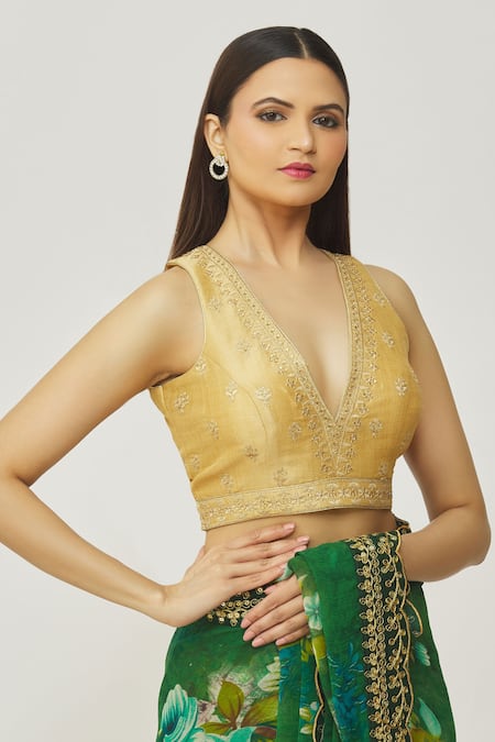 Shop_Samyukta Singhania_Gold , Satin Embroidery Plunge Neck V Blouse _Online_at_Aza_Fashions
