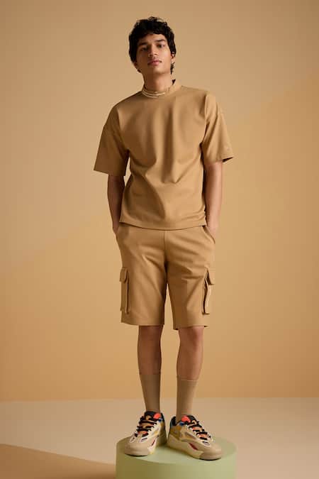 Muvazo_Brown Cotton, Polyester Sunlit Caramel Oasis Tee _Online_at_Aza_Fashions