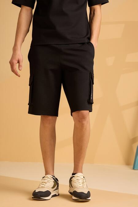Muvazo Black Cotton, Polyester Onyx Oasis Organic Shorts Online at Aza Fashions Muvazo_Black Cotton, Polyester Onyx Oasis Organic Shorts _Online_at_Aza_Fashions