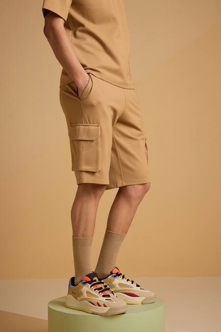 Muvazo Brown Cotton, Polyester Caramel Knee Length Shorts at Aza Fashions Muvazo_Brown Cotton, Polyester Caramel Knee Length Shorts _at_Aza_Fashions