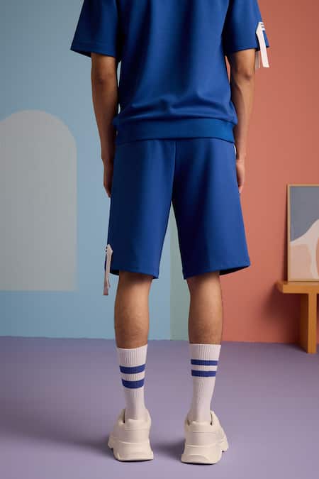 Shop_Muvazo_Blue Cotton, Polyester Dazzling Organic Comfo Shorts _at_Aza_Fashions