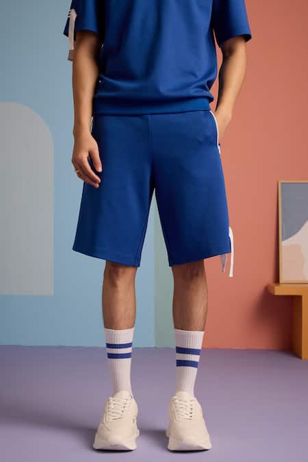 Muvazo_Blue Cotton, Polyester Dazzling Organic Comfo Shorts _at_Aza_Fashions