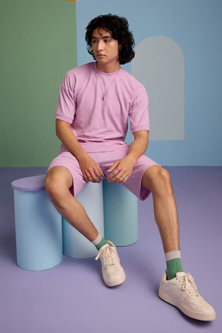 Muvazo_Purple Cotton, Polyester Textured Half Sleeve Tee _Online_at_Aza_Fashions