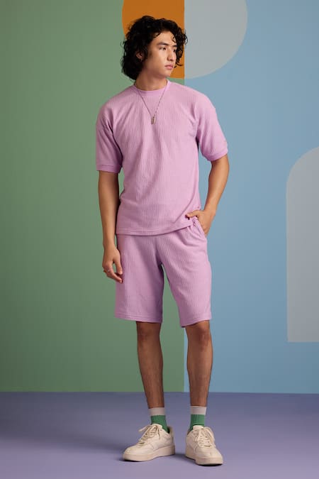 Shop_Muvazo_Purple Cotton, Polyester Textured Half Sleeve Tee _Online_at_Aza_Fashions