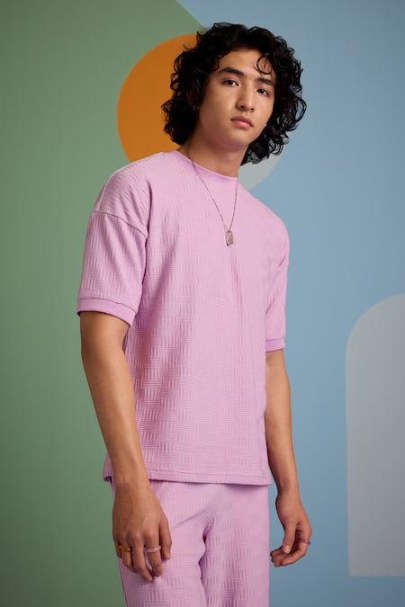 Muvazo_Purple Cotton, Polyester Textured Half Sleeve Tee _at_Aza_Fashions