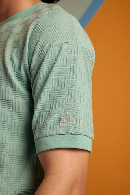 Shop_Muvazo_Green Cotton, Polyester Maverick Jacquard Half Sleeve Tee _Online_at_Aza_Fashions
