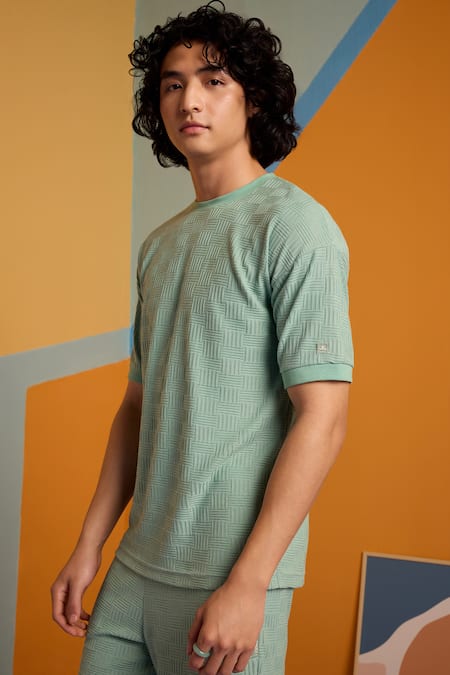 Muvazo_Green Cotton, Polyester Maverick Jacquard Half Sleeve Tee _at_Aza_Fashions
