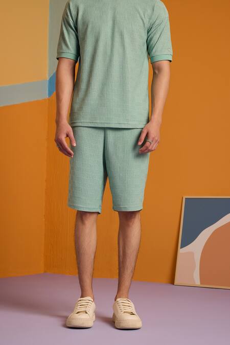 Muvazo Green Cotton, Polyester Maverick Jacquard Knee Length Shorts Online at Aza Fashions Muvazo_Green Cotton, Polyester Maverick Jacquard Knee Length Shorts _Online_at_Aza_Fashions