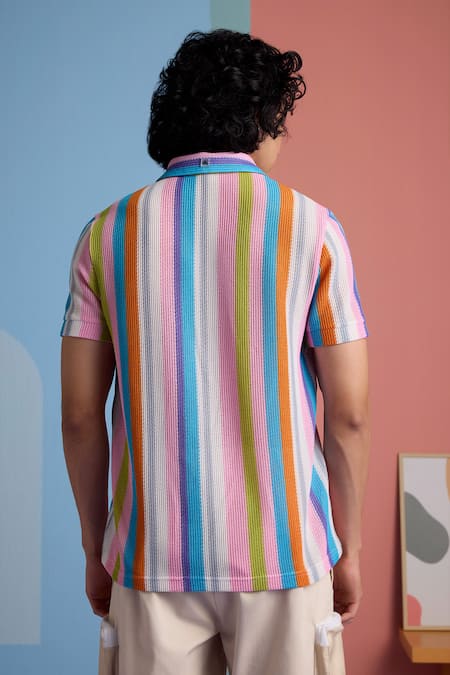 Shop Muvazo Multi Color Cotton Crochet Stripe Polo Tee at Aza Fashions Shop_Muvazo_Multi Color Cotton Crochet Stripe Polo Tee _at_Aza_Fashions