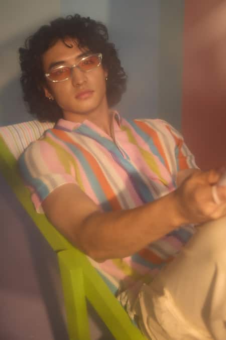 Buy Muvazo Multi Color Cotton Crochet Stripe Polo Tee Online at Aza Fashions Buy_Muvazo_Multi Color Cotton Crochet Stripe Polo Tee _Online_at_Aza_Fashions