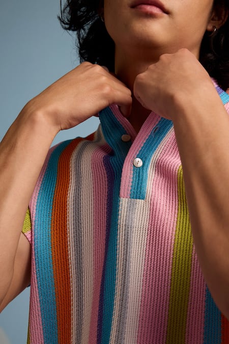 Shop Muvazo Multi Color Cotton Crochet Stripe Polo Tee Online at Aza Fashions Shop_Muvazo_Multi Color Cotton Crochet Stripe Polo Tee _Online_at_Aza_Fashions