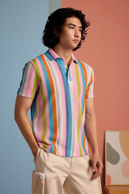 Muvazo Multi Color Cotton Crochet Stripe Polo Tee at Aza Fashions Muvazo_Multi Color Cotton Crochet Stripe Polo Tee _at_Aza_Fashions