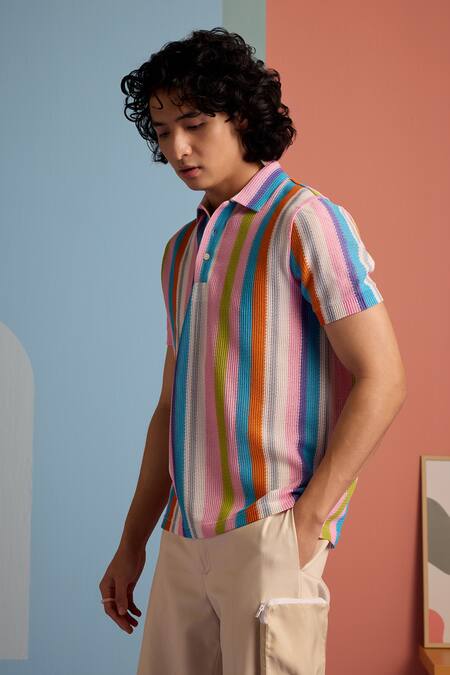 Buy Muvazo Multi Color Cotton Crochet Stripe Polo Tee Buy_Muvazo_Multi Color Cotton Crochet Stripe Polo Tee