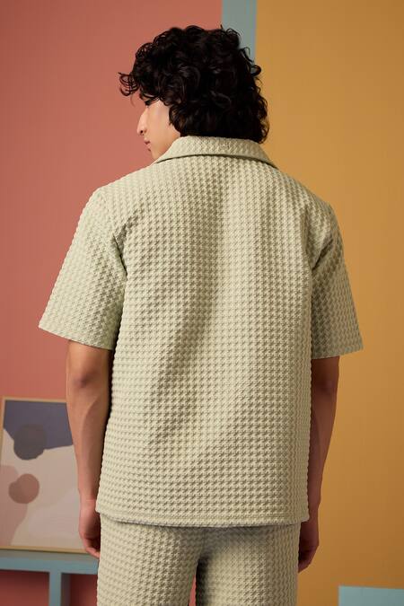 Shop_MUVAZO_Green Houndstooth Jacquard Textured Cabana Opulence Shirt  _at_Aza_Fashions