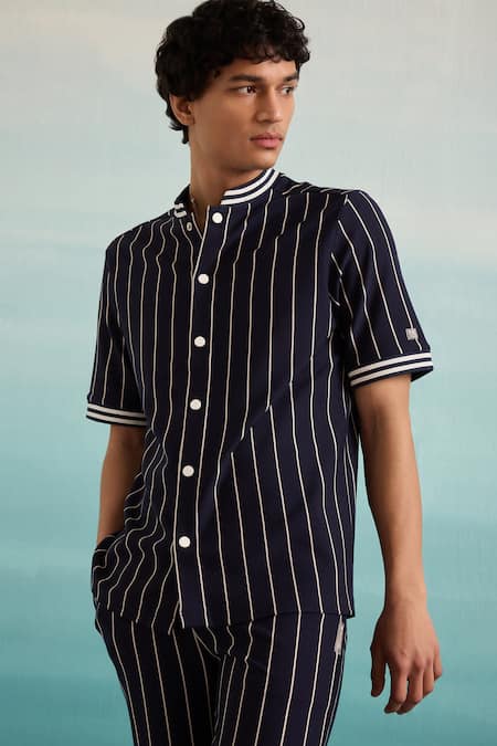 Muvazo_Blue Cotton Yacht Club Stripe Print Shirt _Online_at_Aza_Fashions