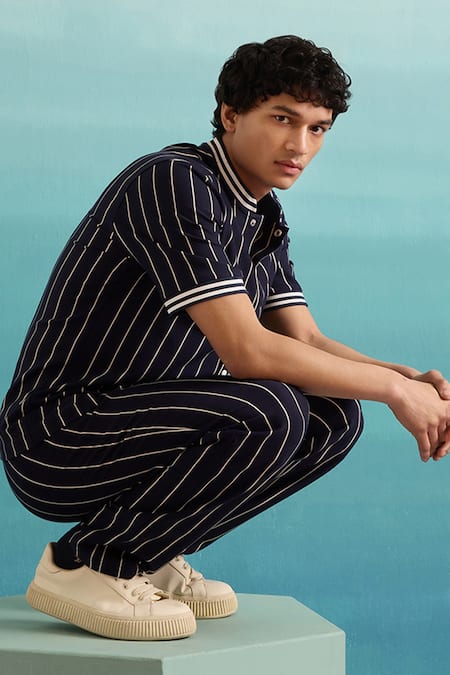 Shop_Muvazo_Blue Cotton Yacht Club Stripe Print Shirt _Online_at_Aza_Fashions