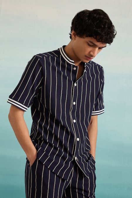 Muvazo_Blue Cotton Yacht Club Stripe Print Shirt _at_Aza_Fashions