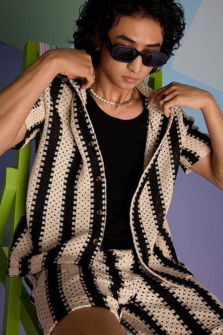 Muvazo_Black Cotton Ebony Edge Crochet Shirt _at_Aza_Fashions