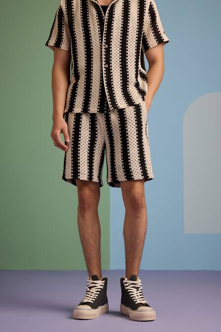 Shop_Muvazo_Black Cotton Crochet Stripe Pattern Shorts _Online_at_Aza_Fashions