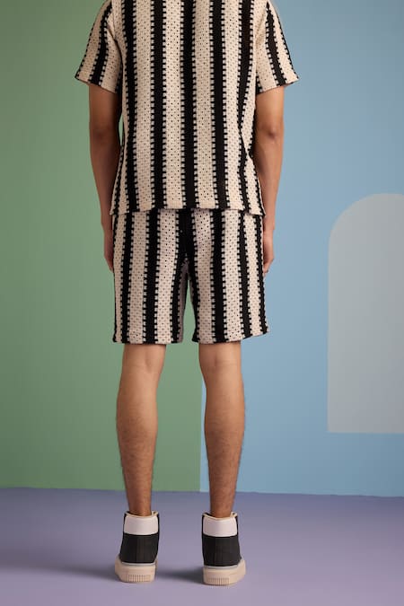 Shop_Muvazo_Black Cotton Crochet Stripe Pattern Shorts _at_Aza_Fashions