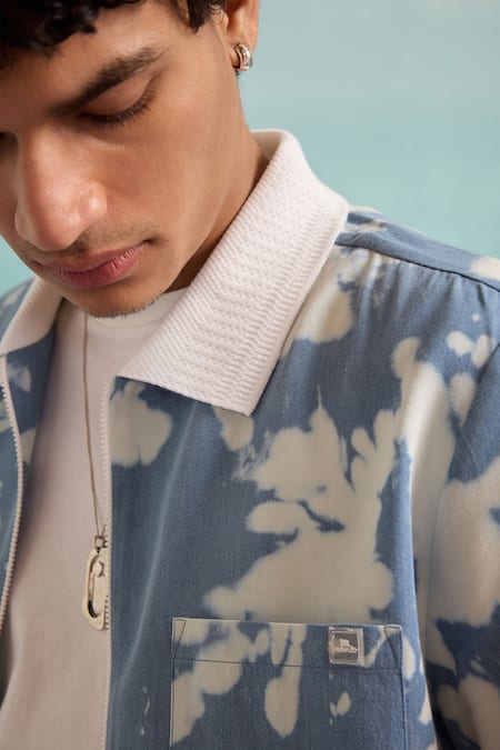 Muvazo_Blue Denim, Cotton Abstract Pattern Jacket _Online_at_Aza_Fashions