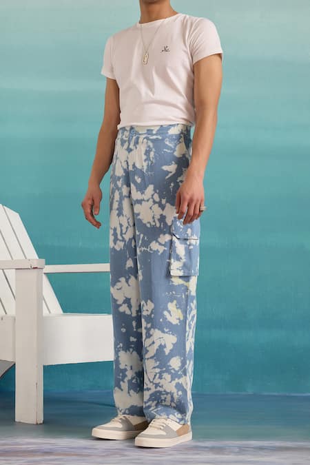 Muvazo_Blue Cotton, Denim Acidic Aura Pocket Pant _Online_at_Aza_Fashions