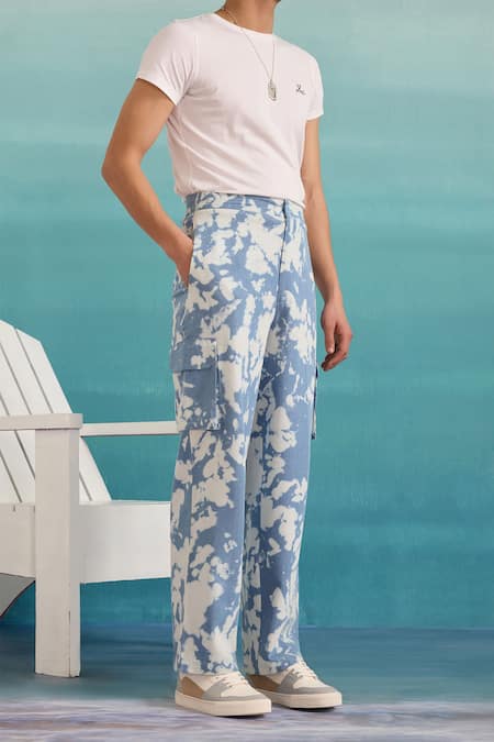 Buy_Muvazo_Blue Cotton, Denim Acidic Aura Pocket Pant _Online_at_Aza_Fashions