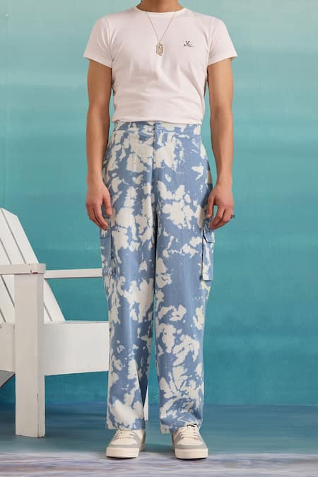 Muvazo_Blue Cotton, Denim Acidic Aura Pocket Pant _at_Aza_Fashions