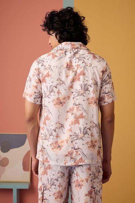 Shop_Muvazo_Brown Jacquard, Satin Embroidery Floral Odyssey Shirt _at_Aza_Fashions