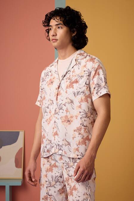 Muvazo_Brown Jacquard, Satin Embroidery Floral Odyssey Shirt _Online_at_Aza_Fashions