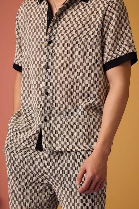 Muvazo_Black Cotton Crochet Chequered Shirt _Online_at_Aza_Fashions