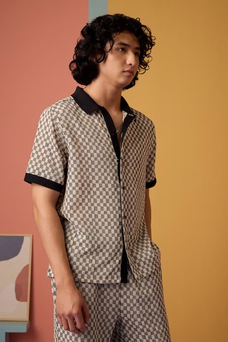 Buy_Muvazo_Black Cotton Crochet Chequered Shirt _Online_at_Aza_Fashions