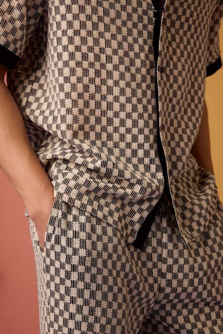 Muvazo_Black Cotton Crochet Chequered Shirt _at_Aza_Fashions