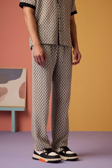 Muvazo_Black Cotton Chequered Crochet Pant _Online_at_Aza_Fashions