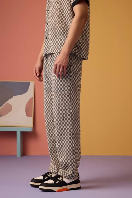 Buy_Muvazo_Black Cotton Chequered Crochet Pant _Online_at_Aza_Fashions