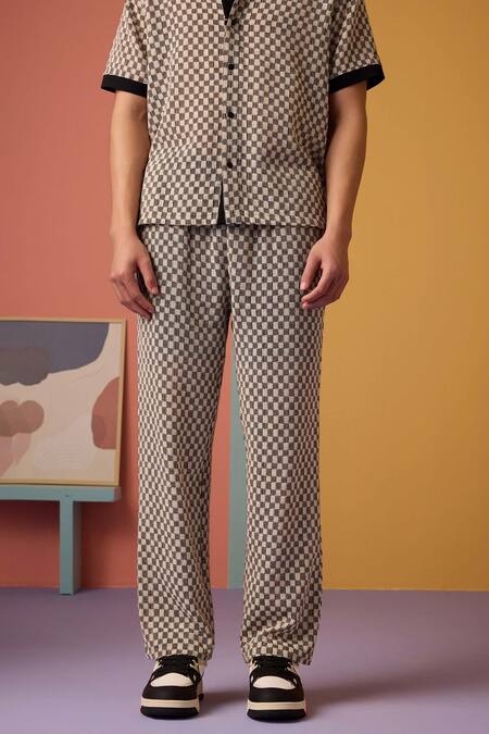 Shop_Muvazo_Black Cotton Chequered Crochet Pant _Online_at_Aza_Fashions