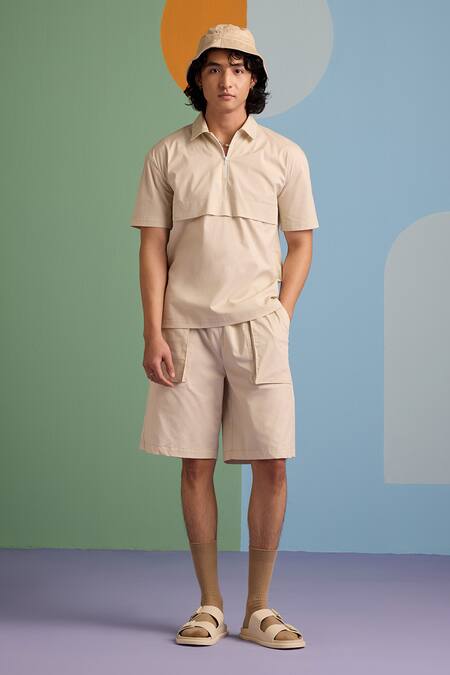 Muvazo_Beige Cotton Sunbeam Half Zip Tee _at_Aza_Fashions