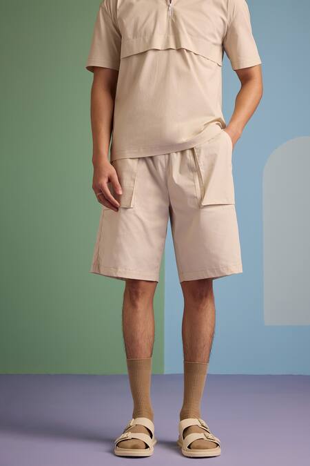 Muvazo Beige Cotton Sunbeam Shorts Online at Aza Fashions Muvazo_Beige Cotton Sunbeam Shorts _Online_at_Aza_Fashions