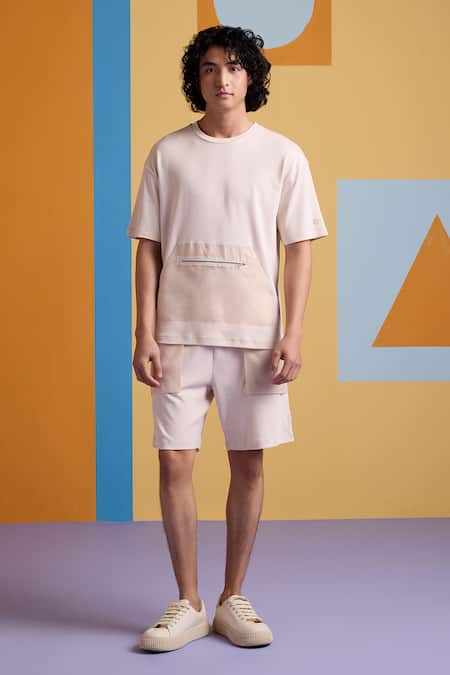 Muvazo_Beige Cotton, Polyester Cove Pocket Tee _Online_at_Aza_Fashions