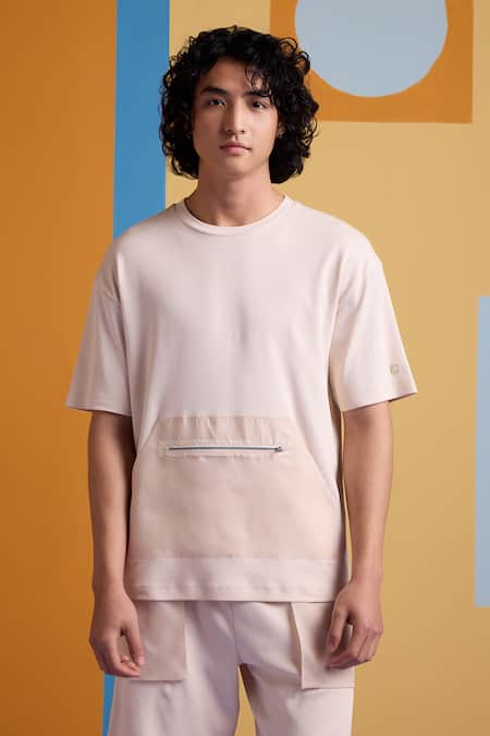 Buy_Muvazo_Beige Cotton, Polyester Cove Pocket Tee _Online_at_Aza_Fashions