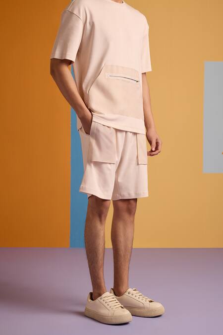 Muvazo_Beige Cotton, Polyester Cove Pocket Shorts _Online_at_Aza_Fashions