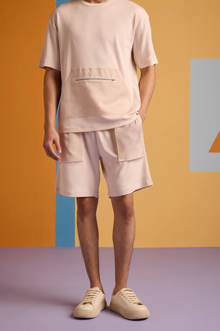 Buy_Muvazo_Beige Cotton, Polyester Cove Pocket Shorts _Online_at_Aza_Fashions