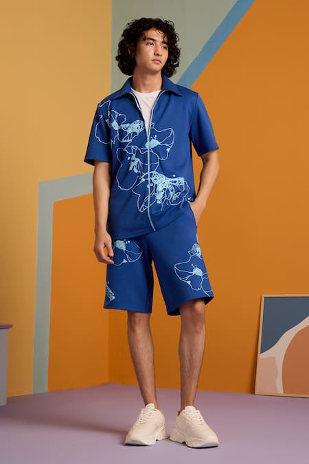 Muvazo_Blue Cotton, Polyester Embroidery Sunbeam Spectrum Shirt _Online_at_Aza_Fashions