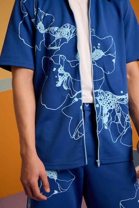 Shop_Muvazo_Blue Cotton, Polyester Embroidery Sunbeam Spectrum Shirt _Online_at_Aza_Fashions