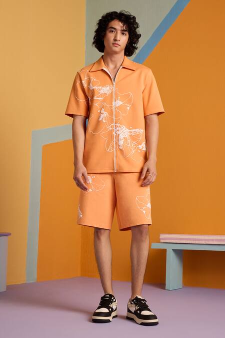 Muvazo_Orange Cotton, Polyester Embroidery Abstract Sunbeam Print Shirt _Online_at_Aza_Fashions